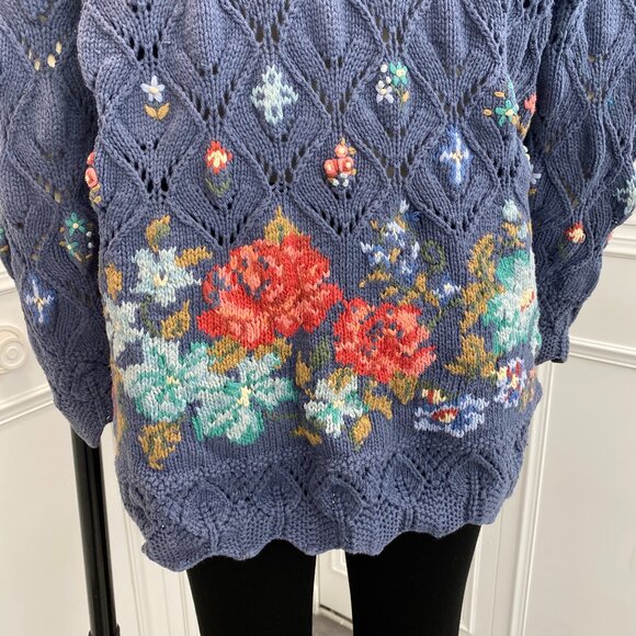 Vintage Laura Ashley Sz L Blue Sweater Cotton Cable Knit & Embroidery Oversized - Picture 5 of 15